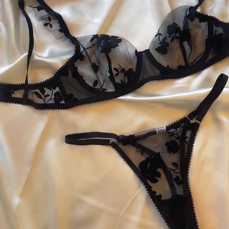 黑色玫瑰法式性感文胸套装超薄网纱软刚圈大胸显小内衣 - 女士内衣裤 - 聚酯纤维 黑色