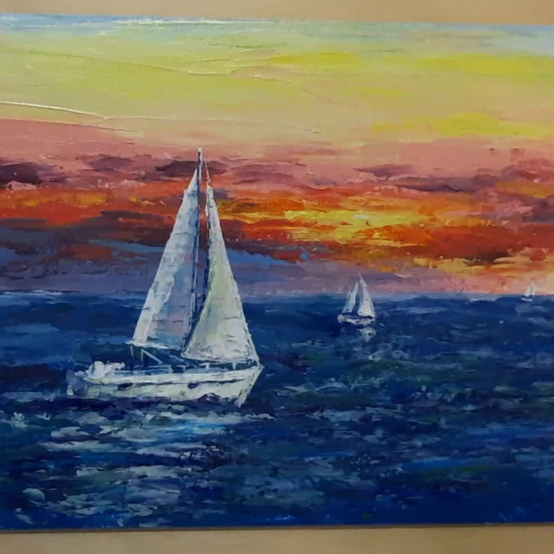 Sunset sky art Original acrylic painting Boat painting Seascape Sailing painting - 海报/装饰画/版画 - 其他材质 多色