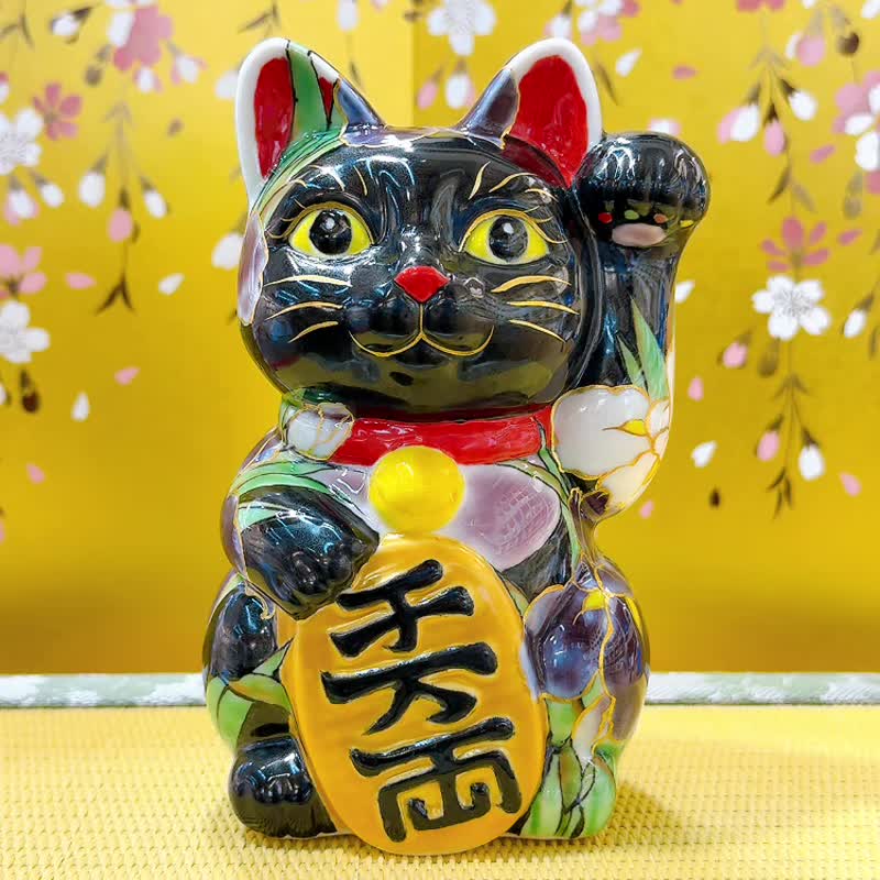 【菖彩信福】日本清水烧招财猫 | 黑地 - 菖蒲 - 摆饰 - 瓷 绿色
