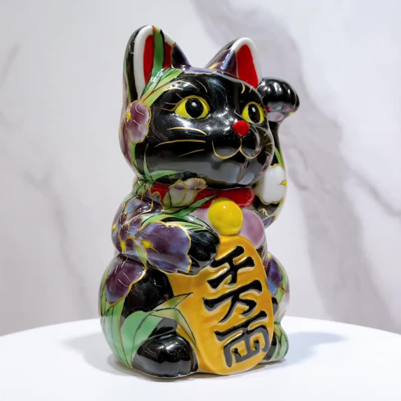 【菖彩信福】日本清水烧招财猫 | 黑地 - 菖蒲 - 摆饰 - 瓷 绿色