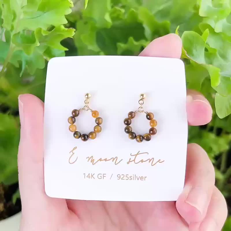 让决定更果断 /  松狮吼吼 光泽虎眼石耳环 14K 注金 - 耳环/耳夹 - 水晶 咖啡色
