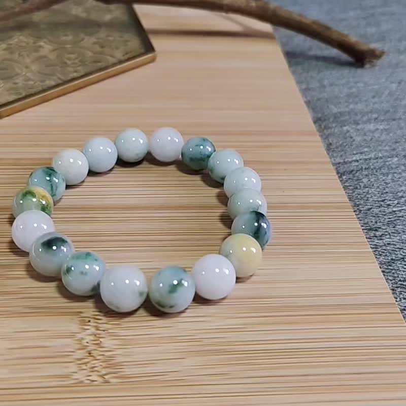 纯翠 天然翡翠 冰飘蓝绿花黄加绿大圆珠特殊色珠串 - 手链/手环 - 玉石 多色