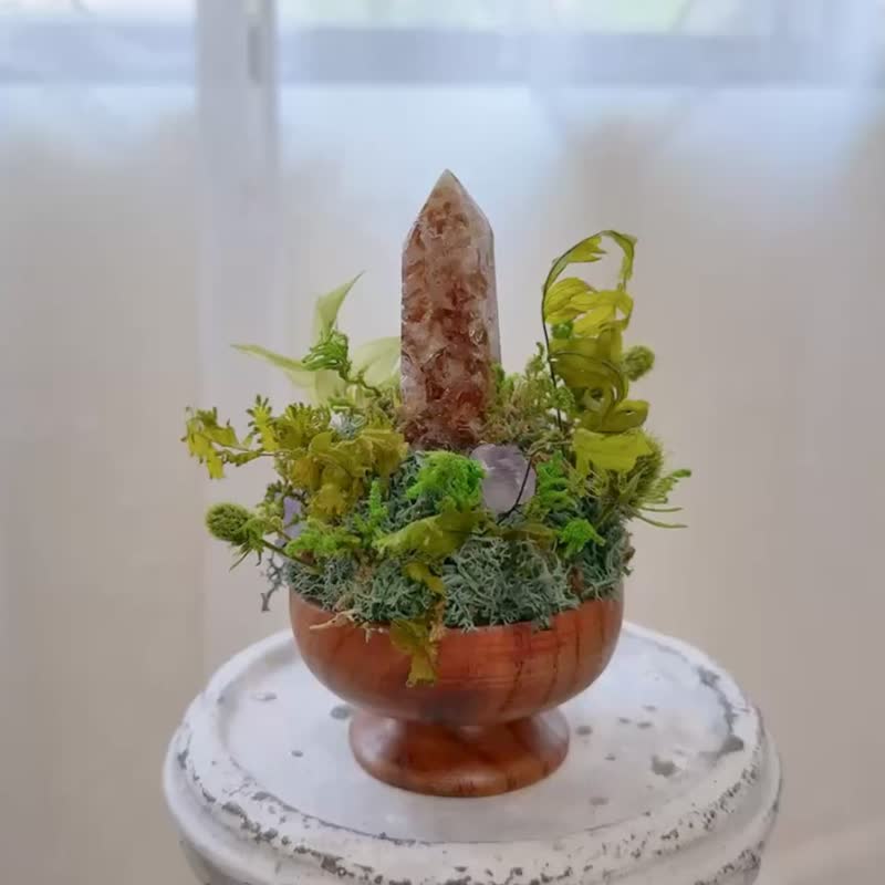 能量 焦糖黄水晶柱 。 微景观永生叶材 绿植栽 - 植栽/盆栽 - 水晶 黄色