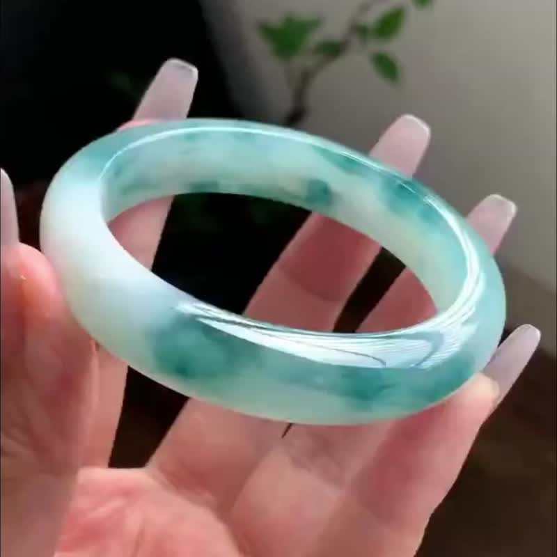冰种翡翠天然翡翠玉镯A玉手镯 玉鈪 • 冰种蓝飘花翡翠福镯 - 手链/手环 - 玉石 蓝色