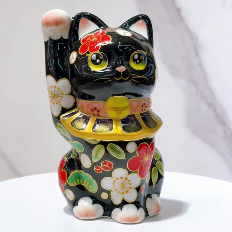 【松竹聚福】日本清水烧招财猫 | 色绘 - 黑地 松竹梅 - 摆饰 - 瓷 黑色