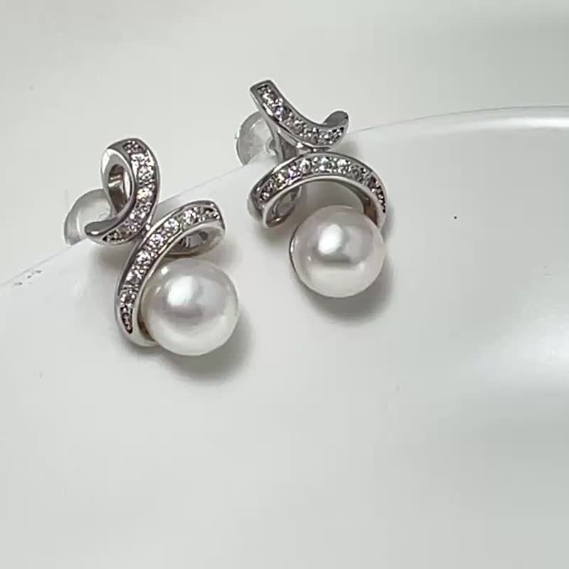 动感彩带  天然淡水珍珠 冷光炫彩 满镶 纯银 耳钉 耳针 耳环 - 耳环/耳夹 - 珍珠 白色