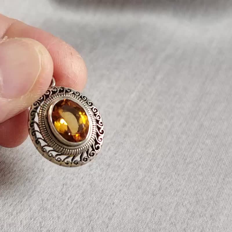 天然 黄水晶 坠 尼泊尔 手工制 925纯银 - 项链 - 水晶 橘色