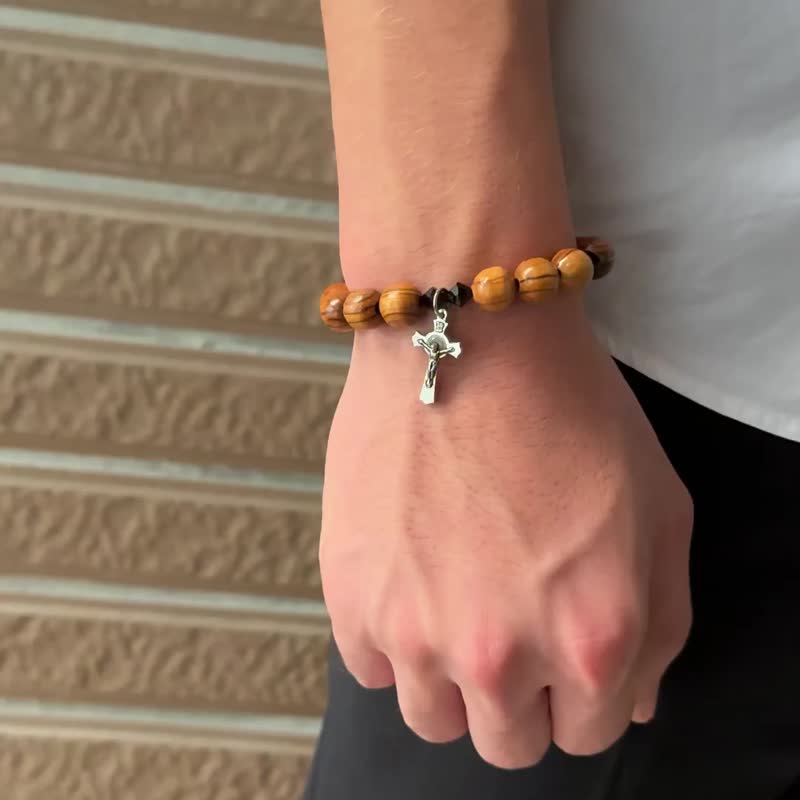手链 10mm进口橄榄木珠搭配施华洛世奇黑水晶 结合十字架8251052 - 手链/手环 - 木头 多色