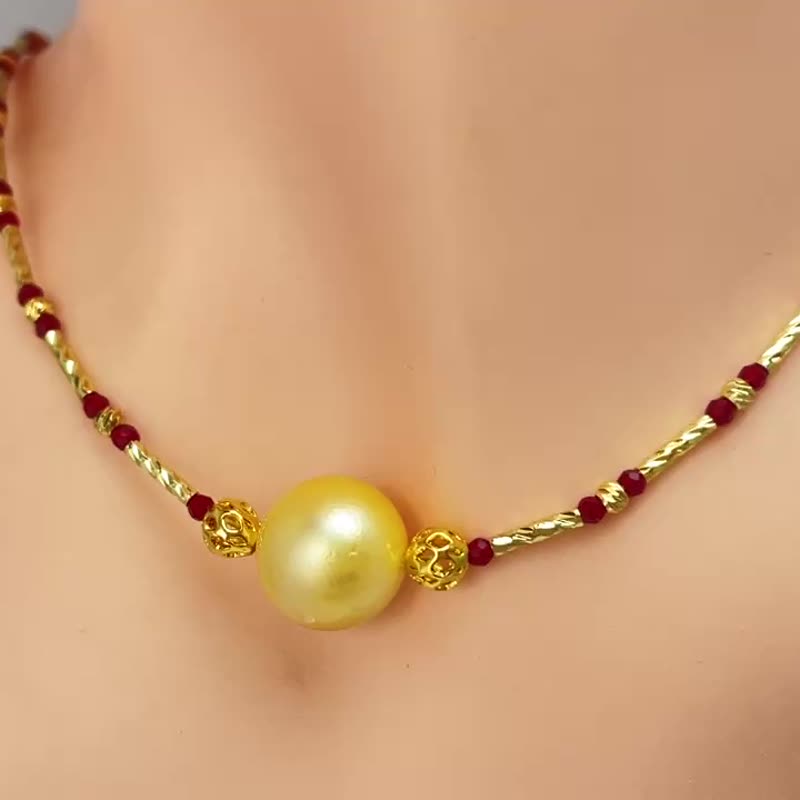 金色光芒 天然海水珍珠 菲律宾金珠 香槟金色 纯银 项链/毛衣链 - 项链 - 珍珠 金色