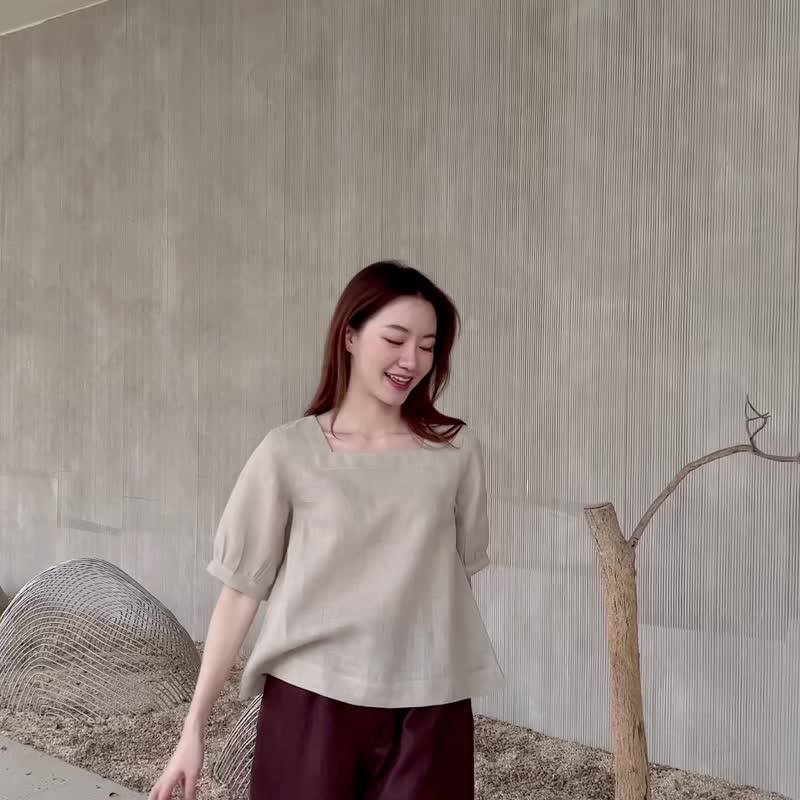 Primrose Blouse：方领泡泡袖亚麻上衣，米杏色 - 女装上衣 - 棉．麻 卡其色