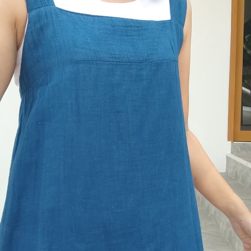 Indigo Salu - 靛蓝无袖弹性背心连身裙 - 洋装/连衣裙 - 棉．麻 蓝色