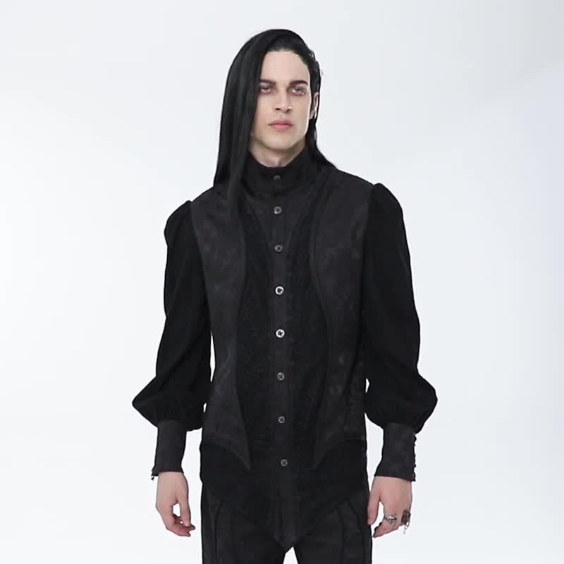 哥德魔法师蜘蛛灯笼袖棉质衬衫 / 假两件设计 / 即将绝版 - 男装衬衫 - 其他材质 黑色