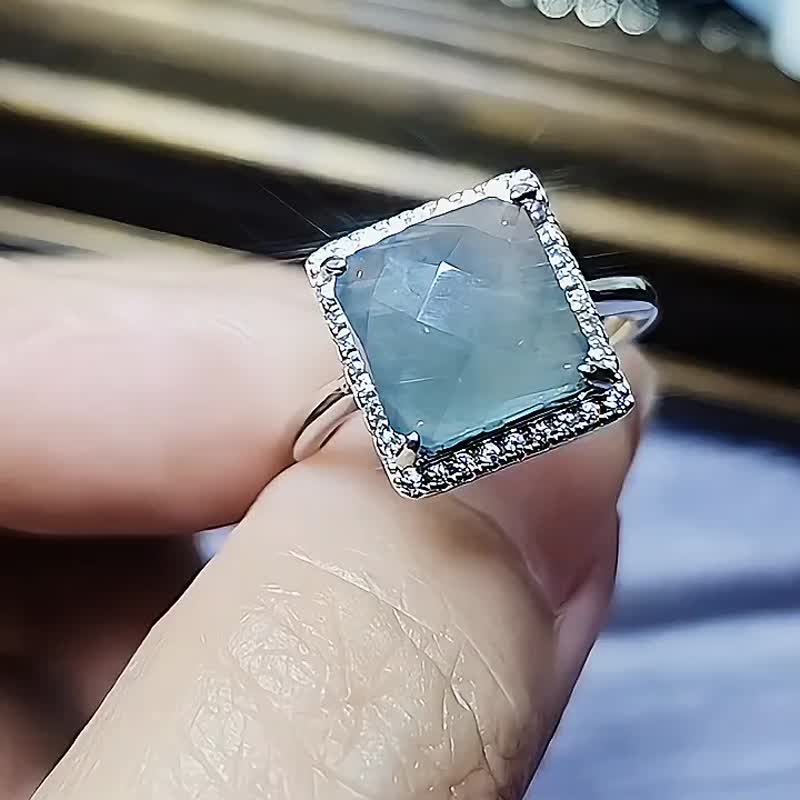 |蓝钻方糖|A货翡翠冰玻蓝超厚大切割面9.8mm纯银镀18k戒指 - 戒指 - 玉石 