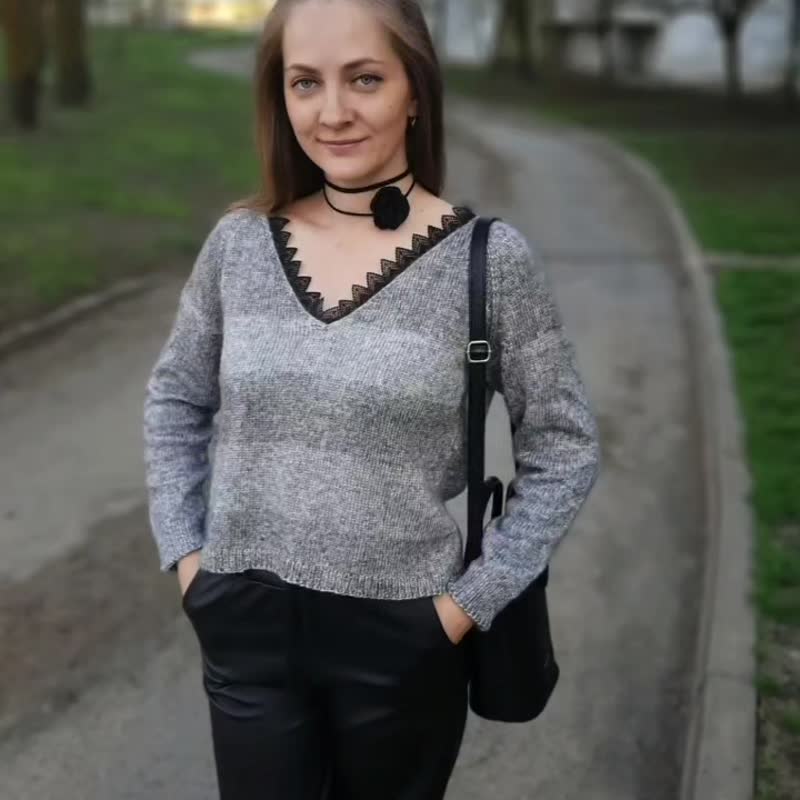 女式手​​工针织蕾丝条纹毛衣宽松柔软舒适女装 - 女装针织衫/毛衣 - 羊毛 银色