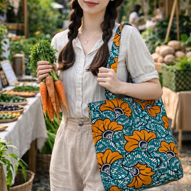 黄绿色调非洲风格手工印花棉布托特包 - 手提包/手提袋 - 棉 蓝色