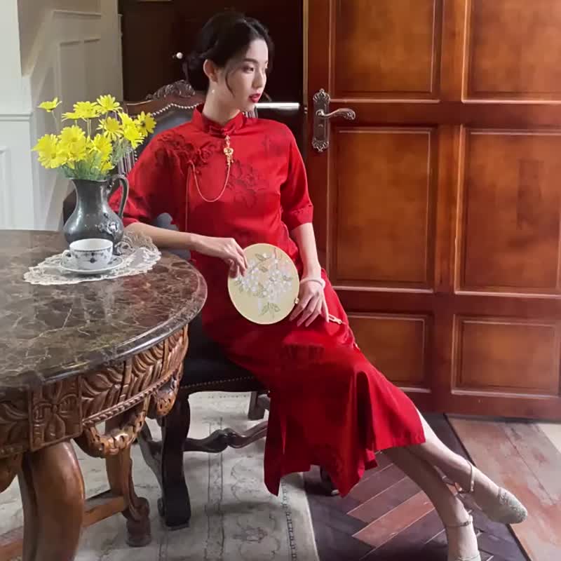 鐵鏽紅 國色天香 全開襟盤扣旗袍  復古改良中式新娘敬酒服禮服 - 旗袍 - 聚酯纤维 红色