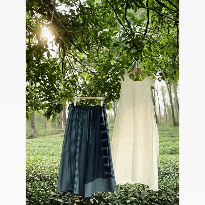 奶杏色 日系鏤空背心洋裝 蕾絲花朵背心裙 寬松中長連衣裙 贈腰帶 - 洋装/连衣裙 - 棉．麻 白色