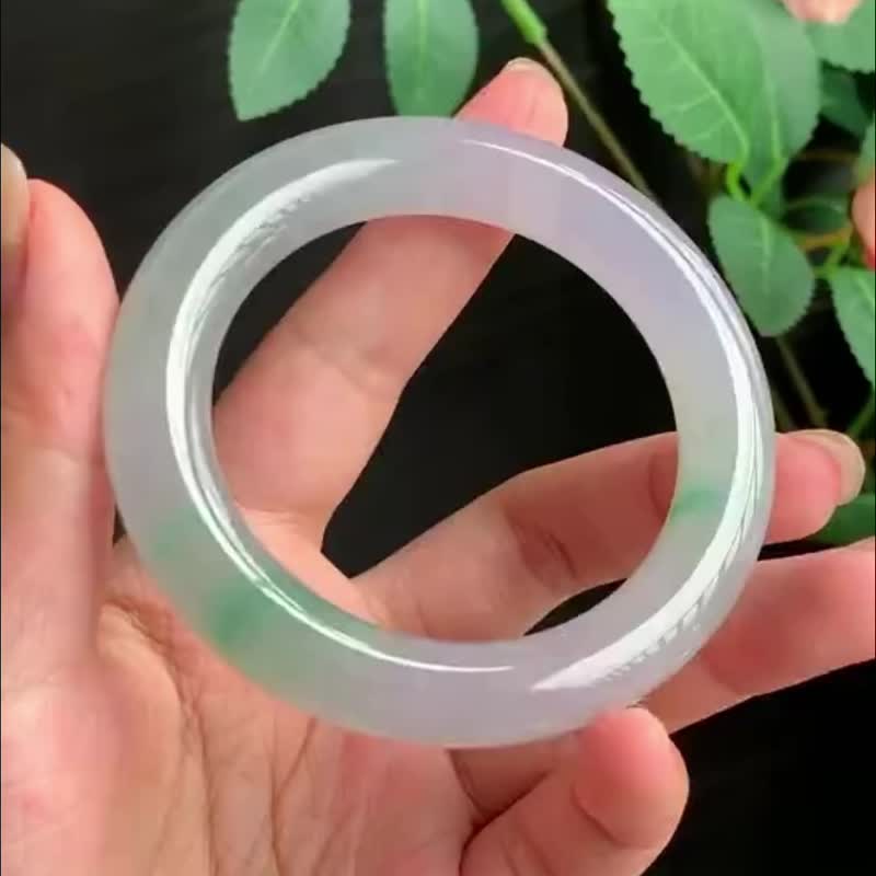 冰种翡翠天然翡翠玉镯A玉手镯 • 冰种春带彩翡翠圆镯 - 手链/手环 - 玉石 紫色