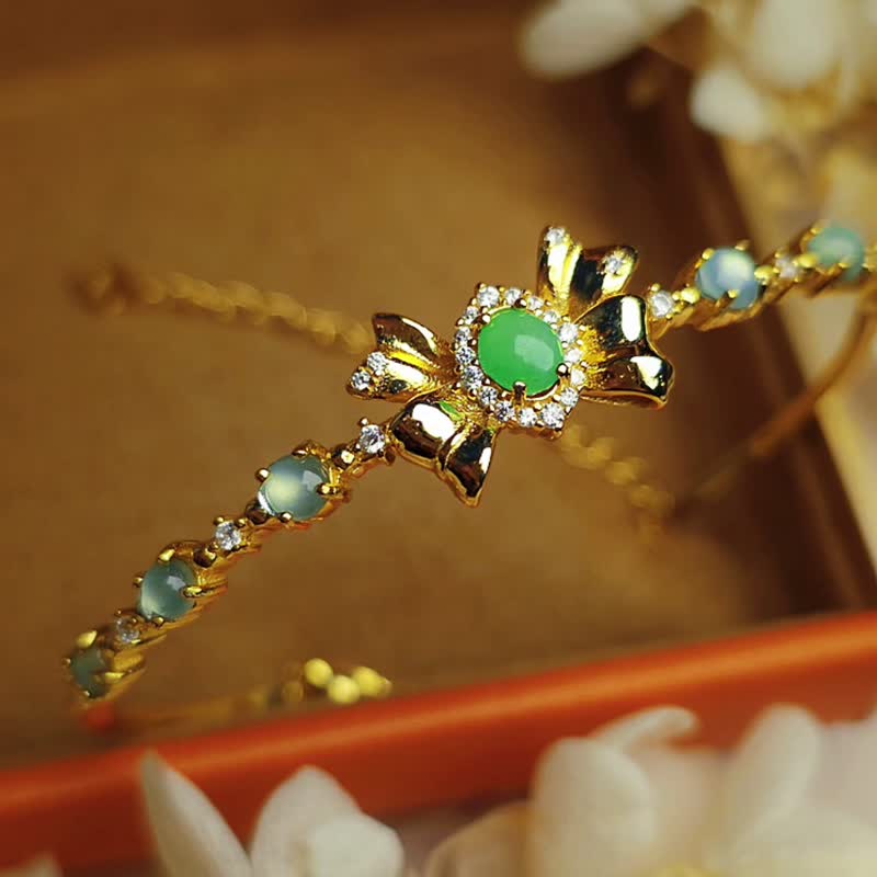 招财•健康•高贵|冰阳绿•蓝刚|缅甸A货翡翠纯银蝴蝶结手镯链 - 手链/手环 - 玉石 