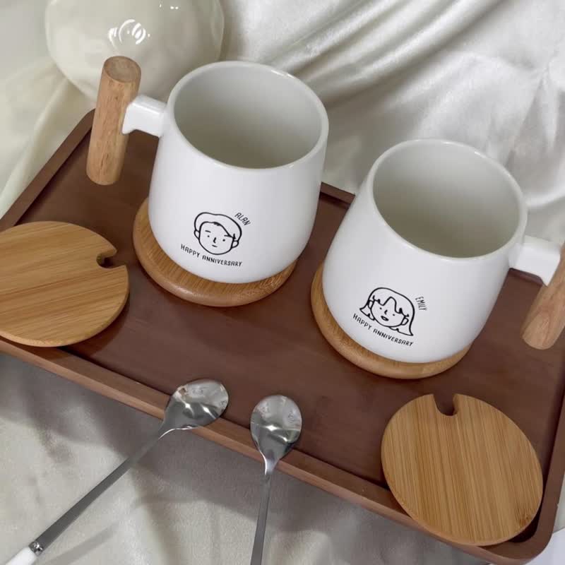 【定制化】情侣/结婚/周年礼物 木柄陶瓷杯套装 马克杯对杯 生日 - 咖啡杯/马克杯 - 陶 