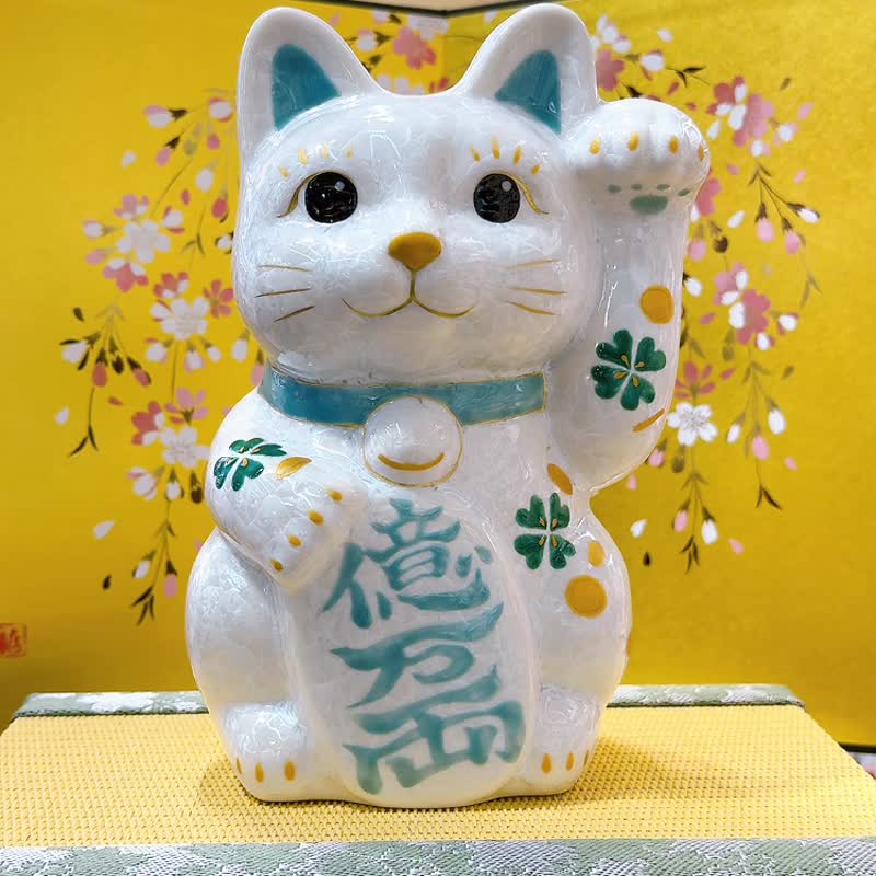 【皓晶聚财】日本清水烧招财猫 | 花结晶白 - 亿万両 特大 左 - 摆饰 - 瓷 白色