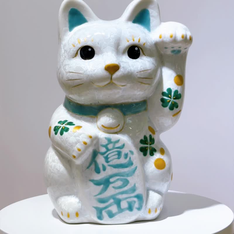【皓晶聚财】日本清水烧招财猫 | 花结晶白 - 亿万両 特大 左 - 摆饰 - 瓷 白色