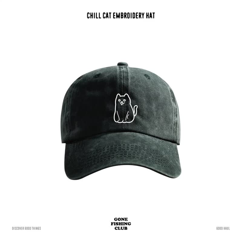 CHILL CAT EMBROIDERY HAT / 口水猫刺绣Cap帽 5色洗水 男女同款 - 帽子 - 棉．麻 多色