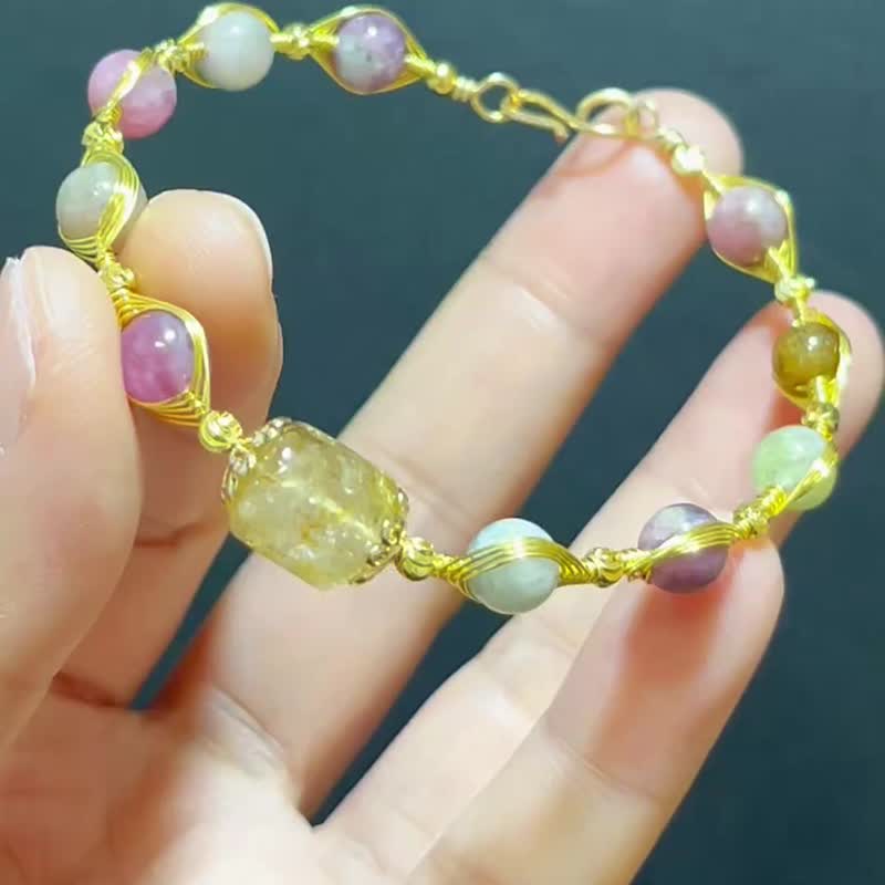 手工金属绕线 天然石 马卡龙糖果 碧玺 x 金钛晶 手镯 - 手链/手环 - 半宝石 多色