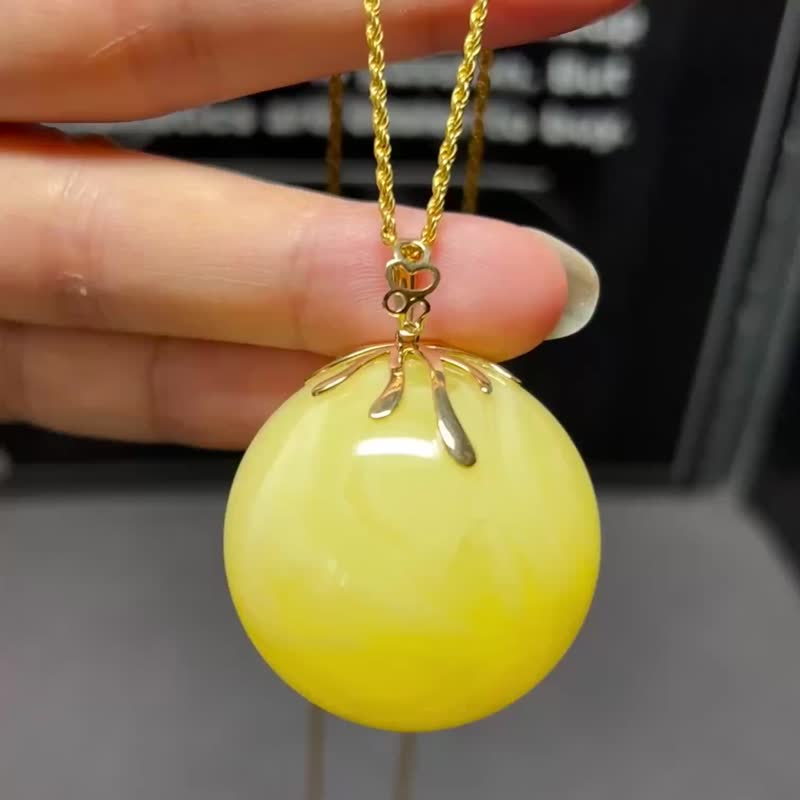天然蜜蜡圆珠吊坠 俄料 完美品质 18k金重工镶嵌 - 吊饰 - 水晶 