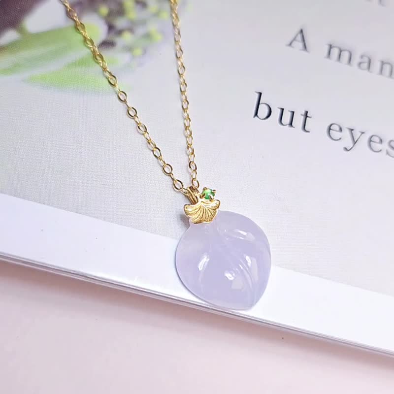 暴富•贵人•桃花|纯18k金少女冰粉紫|缅甸A货翡翠银杏叶吊坠 - 项链 - 玉石 