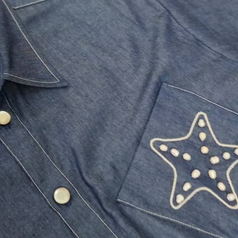 男士牛仔棉衬衫珍珠海星刺绣 - 男装衬衫 - 棉．麻 蓝色