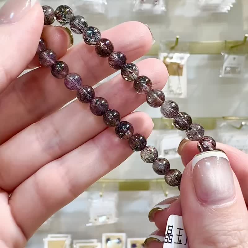 超七王者天然稀有黑红超七6mm9.55g矿多爆闪黑烟花彼岸花三轮骨干 - 手链/手环 - 水晶 黑色