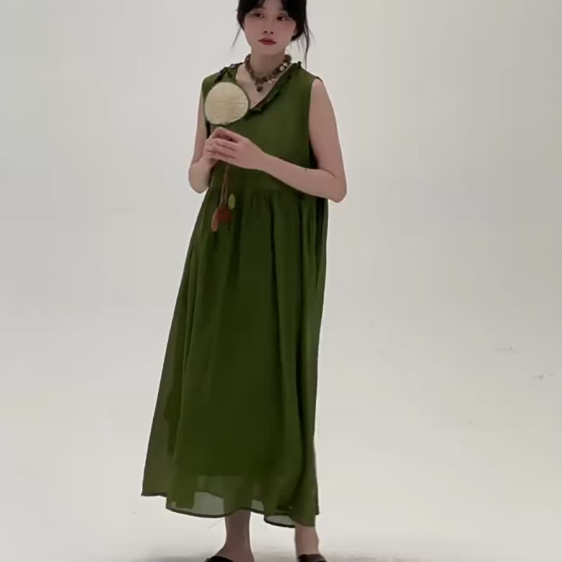 2顔色 花邊V領苧麻洋裝 文藝復古寬松休閒長裙 細肩帶連衣長裙 - 洋装/连衣裙 - 棉．麻 绿色