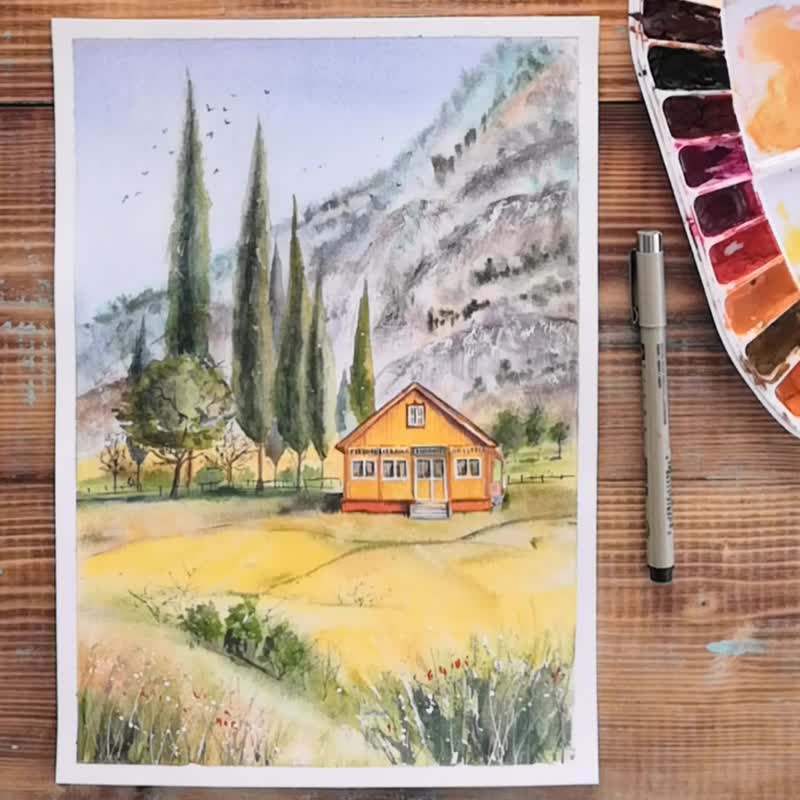 Summer Landscape Handmade Painting Rustic Original Watercolor Mountains Wall Art - 海报/装饰画/版画 - 纸 多色
