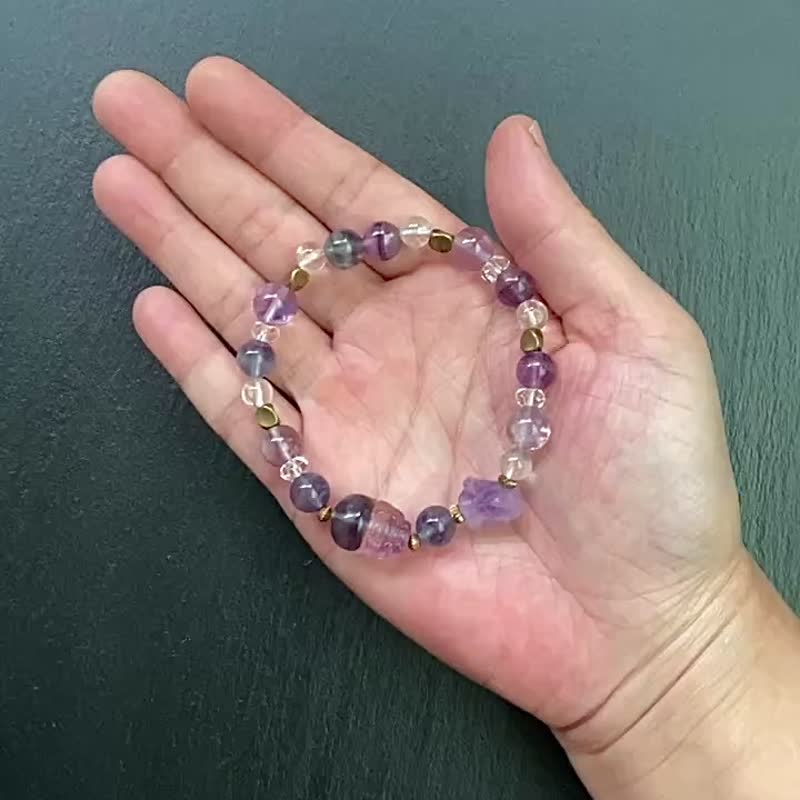 紫水晶 白水晶 紫晶骨干 渐层萤石貔貅黄铜手链 定制化礼物 - 手链/手环 - 水晶 多色