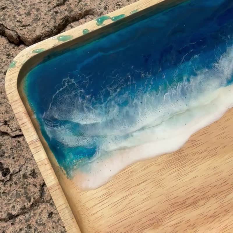 【现货】手工疗愈深蓝海洋海浪长方形木盘 - 盘子/餐盘/盘架 - 树脂 