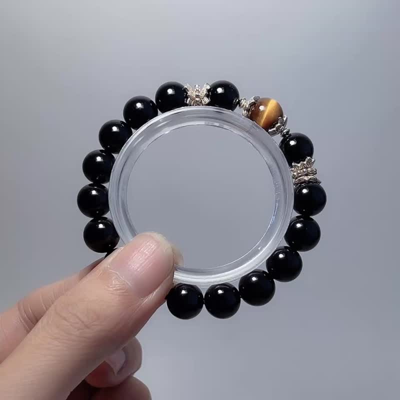 极度避邪 天然矿石 黑碧玺 10 mm 黄虎眼 925纯银 手链 - 手链/手环 - 宝石 黑色