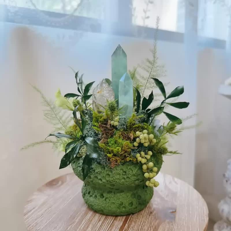 树下光影。绿萤石 黄水晶 永生叶材绿植栽 - 植栽/盆栽 - 水晶 绿色