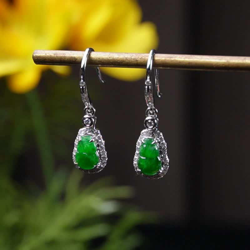 冰种正阳绿翡翠葫芦耳环 18K金钻石 | 天然缅甸玉翡翠A货 | 送礼 - 耳环/耳夹 - 玉石 绿色