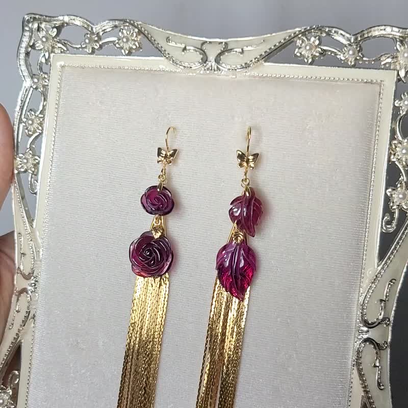 天然 红石榴 紫牙乌 花开富贵 一叶成功 大红大紫 流苏 耳环 单品 - 耳环/耳夹 - 宝石 紫色