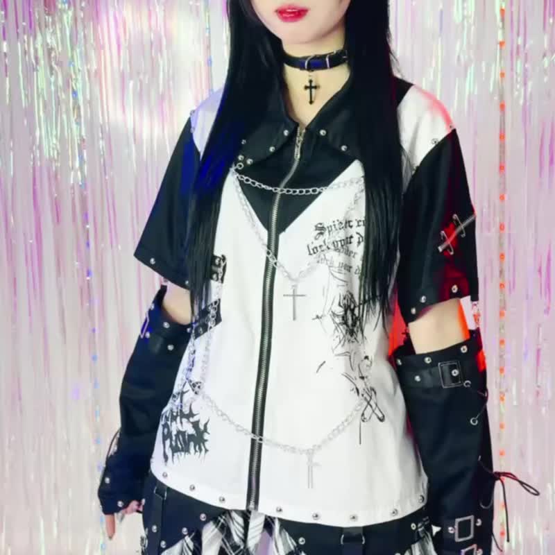 原创庞克风仿生恶魔假两件马甲背心十字架铁链拉链接袖衬衫 JJ2549 - 男装衬衫 - 棉 
