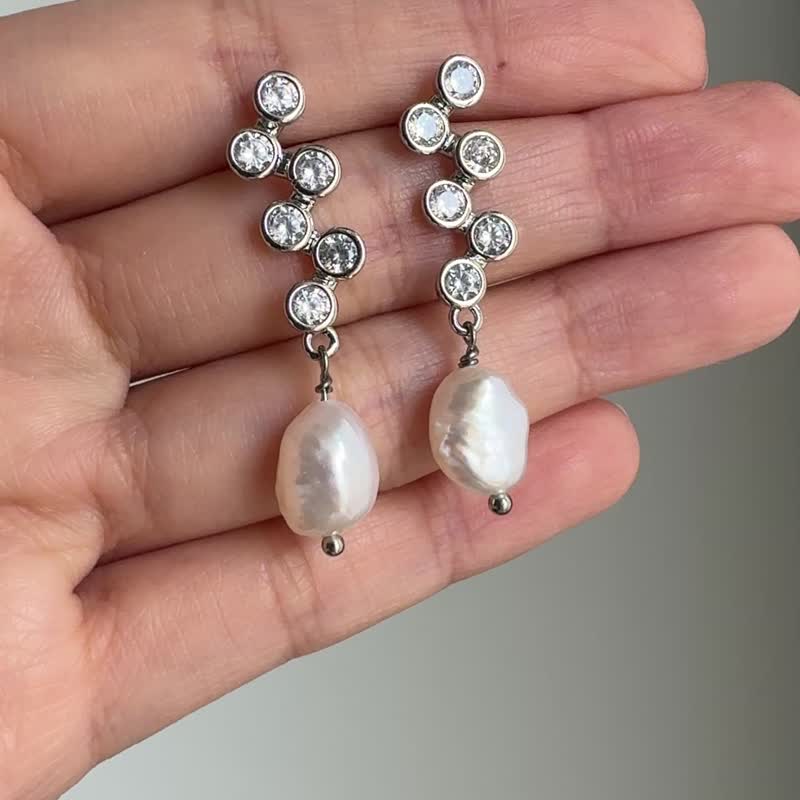 优雅闪耀 巴洛克珍珠 锆石耳环 姊妹 生日礼物 婚宴首饰 - 耳环/耳夹 - 珍珠 银色