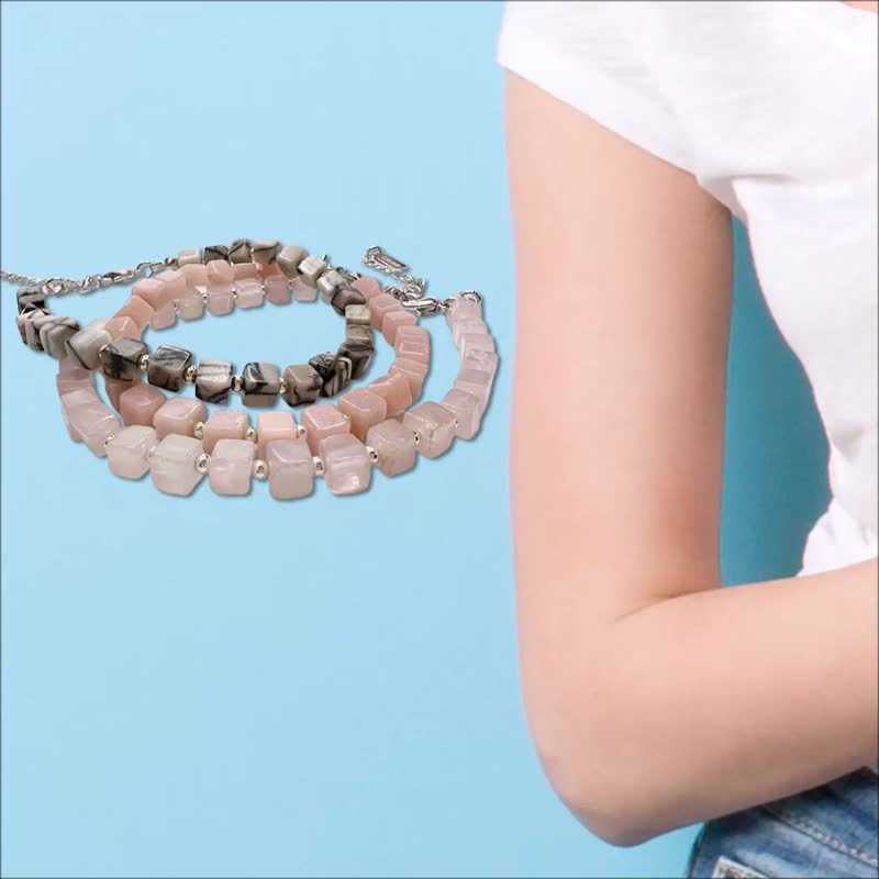 925银珠x天然石方珠手串 网络石粉晶粉红蛋白石3选1 垂坠链可调式 - 手链/手环 - 纯银 多色