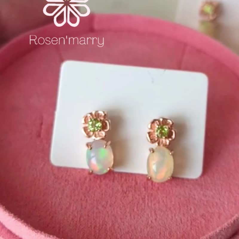 Rosen'marry / 天然蛋白石与绿橄榄石垂坠耳环，925 纯银镀玫瑰金 - 耳环/耳夹 - 纯银 多色