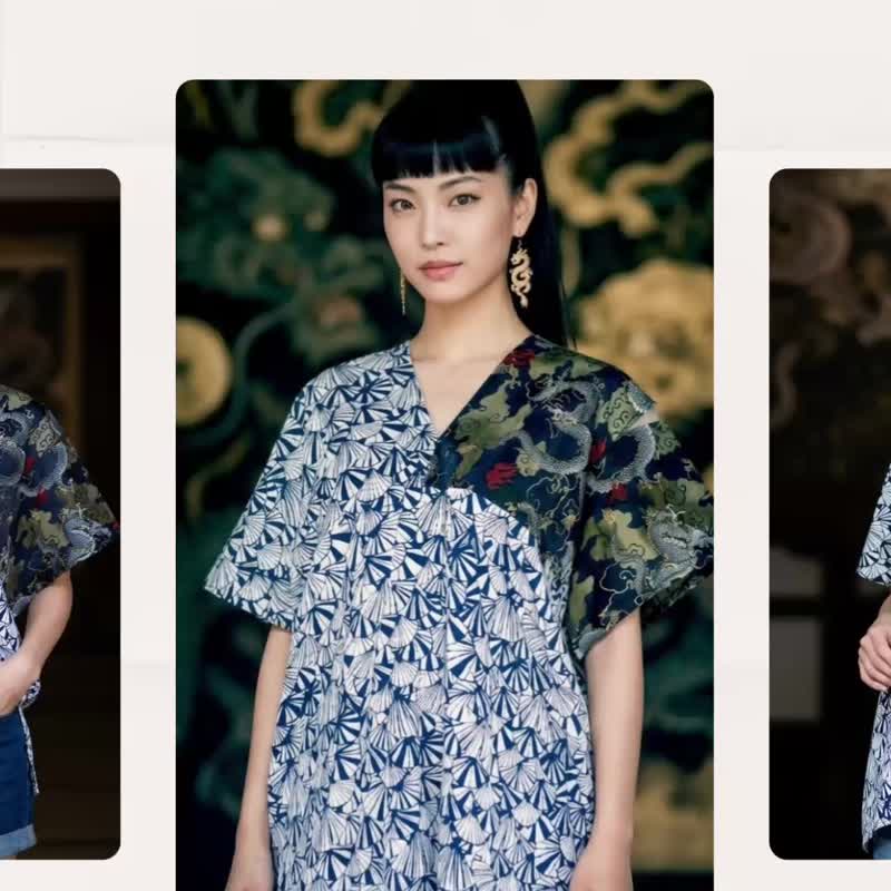 宽松柔软蓝白扇舞日式龙图腾单肩微镂空中长版造型四角衣 - 女装衬衫 - 棉 多色