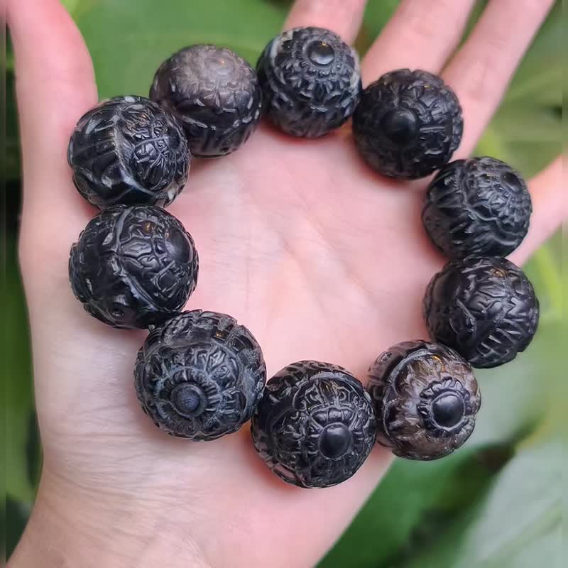 天珠 黑玛瑙 十字金刚杵 财咒 招财 护持 收藏级 大宝石手链 单品 - 手链/手环 - 宝石 黑色