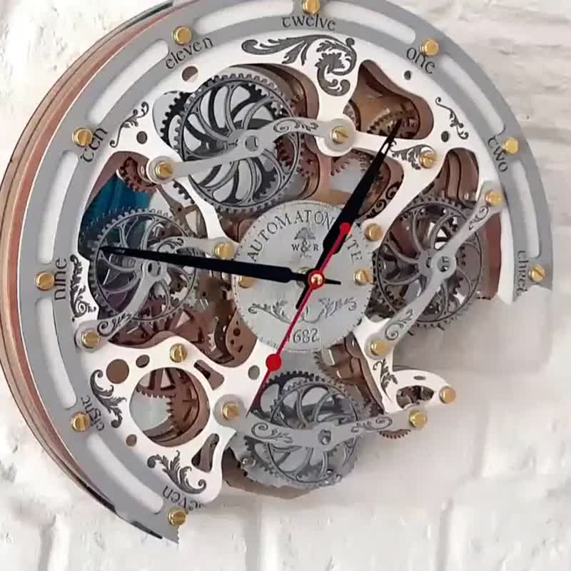 Automaton Bite 1682 Moving Gears Wall Clock Magic White Steampunk, Rustic Design - 时钟/闹钟 - 木头 白色