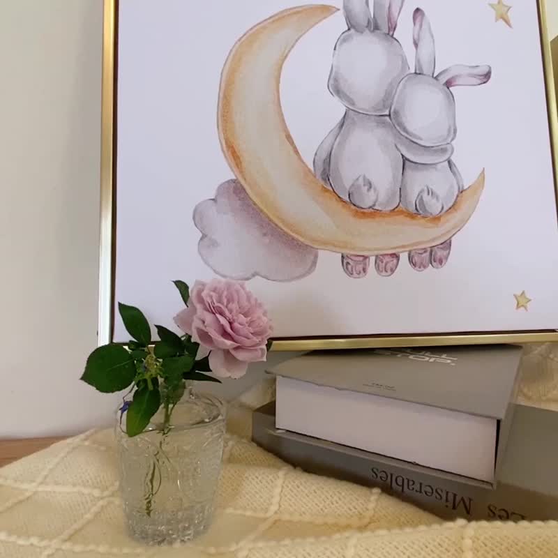 妈妈的怀抱 - 疗愈兔子亲子挂画/手绘感可爱兔子插画/儿童房布置 - 海报/装饰画/版画 - 棉 蓝色