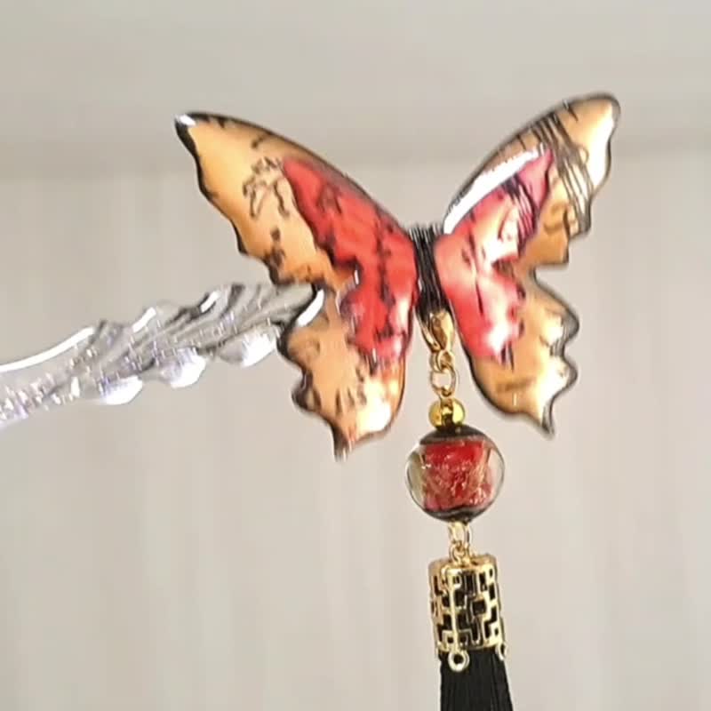 新中式水墨系列~【金红福蝶】发簪~可拆式流苏 - 发饰 - 塑料 橘色