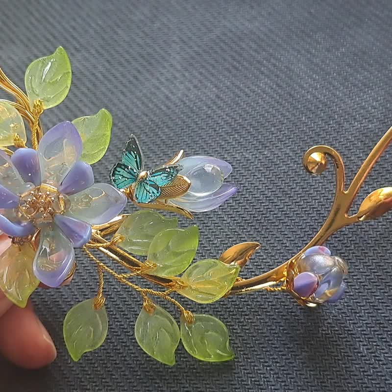 宝石琉璃花系列【梦幻草】~藤蔓花叶鸭嘴夹 - 发饰 - 玻璃 蓝色